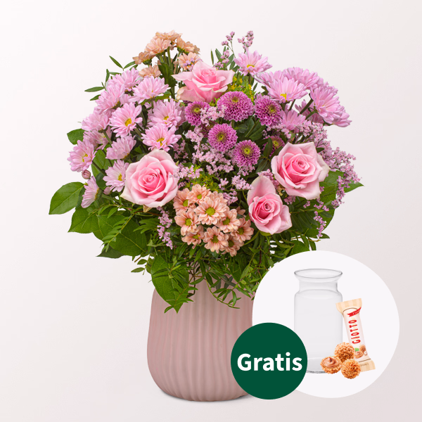 Blumenstrauß Lovely mit Vase & Ferrero Giotto 3er