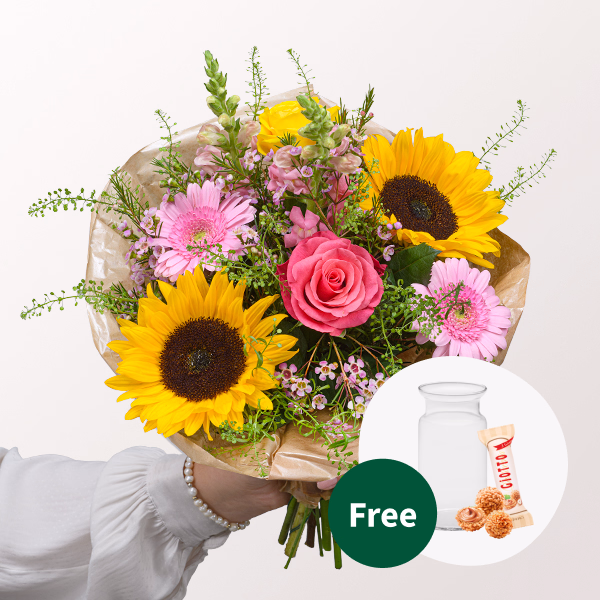 Flower Bouquet Pure Freude with vase & 3 Ferrero Giotto