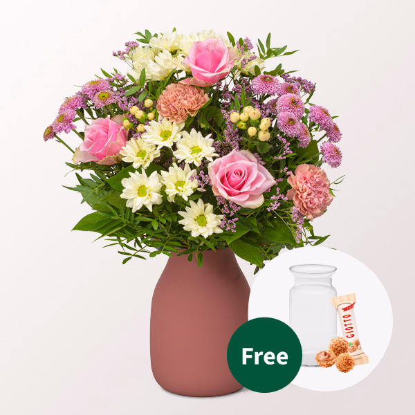 Flower Bouquet Glückspost with vase & 3 Ferrero Giotto
