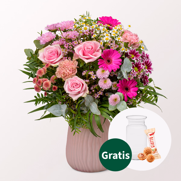 Blumenstrauß Herzensgruß mit Vase & Ferrero Giotto 3er