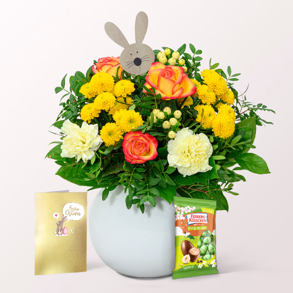 Osterstrauß Happy Day mit Vase & Ferrero Schokoeier & Motivkarte