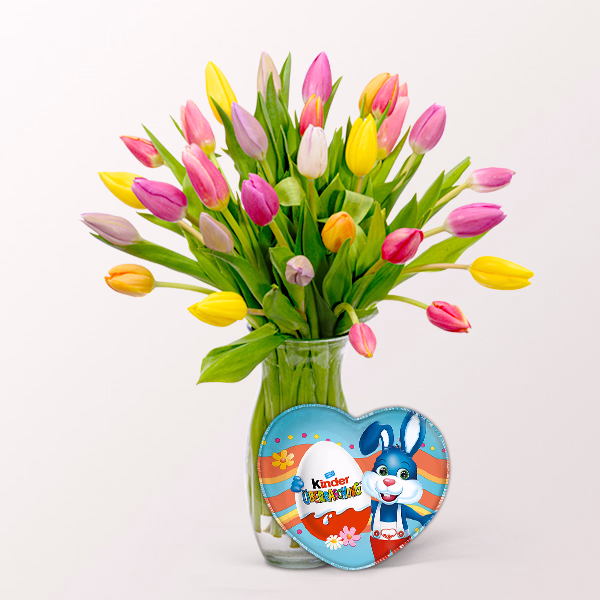 20 Tulpen im Bund mit Vase & kinder Schokoladenherz