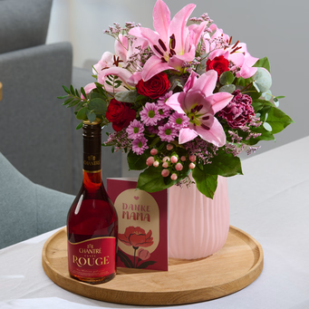 Flower Bouquet Mutterglück with vase & Chantré Cuvée Rouge & Greeting Card