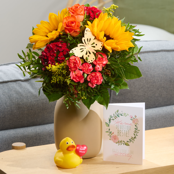 Blumenstrauß Mamas Lächeln mit Vase & Quietscheente & Ferrero Giotto