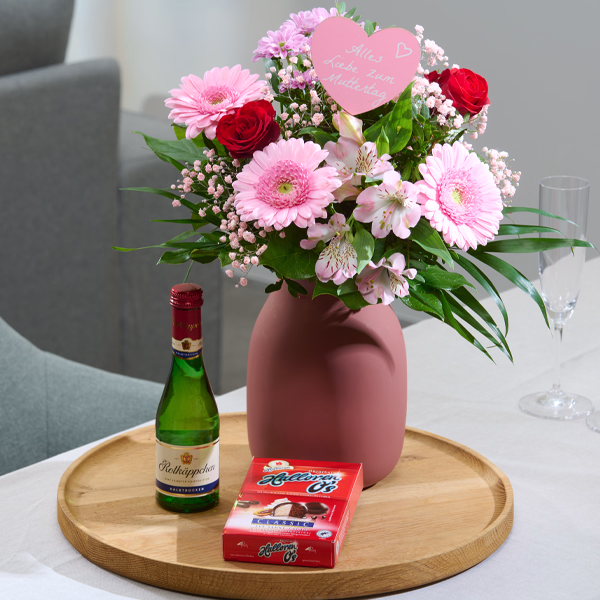 Flower Bouquet Mutterherz with vase & Halloren O´s & Rotkäppchen Sparkling Wine