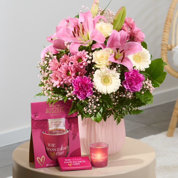 Flower Bouquet Glücksmoment with vase & Tea Light & Set Time Out