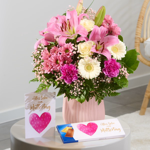 Blumenstrauß Glücksmoment mit Vase & Merci & Motivkarte