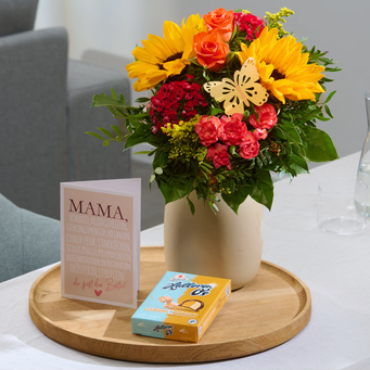 Blumenstrauß Mamas Lächeln mit Vase & Halloren O´s