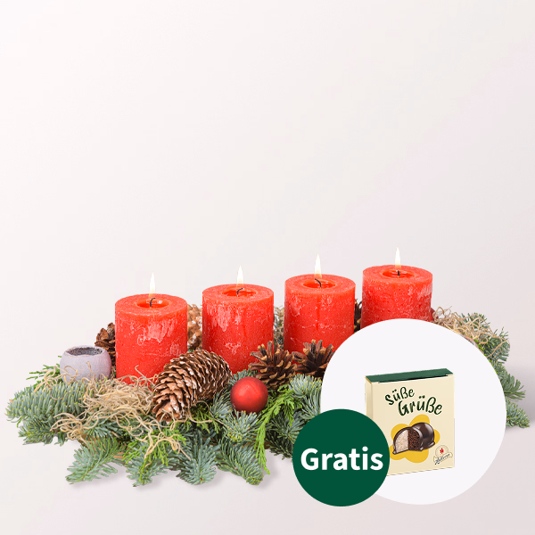 Adventsgesteck Wintergrüße (32 x 12 cm) mit Halloren Kugeln