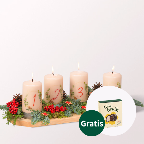 Adventsgesteck Leuchtender Advent (45 x 17 cm) mit Halloren Kugeln