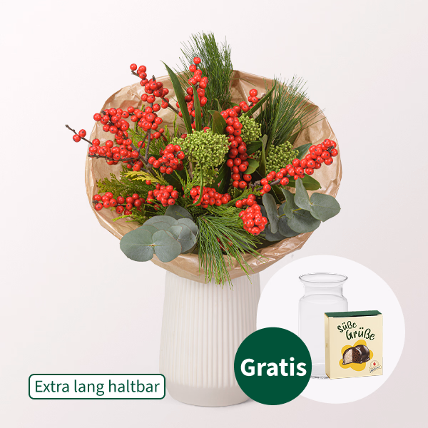 Blumenstrauß Winterbote mit Halloren Kugeln & Vase