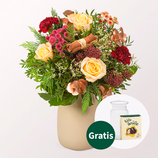 Blumenstrauß Winterromanze mit Halloren Kugeln & Vase