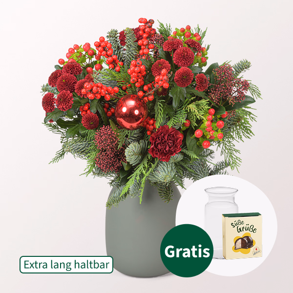 Blumenstrauß Red Velvet mit Halloren Kugeln & Vase
