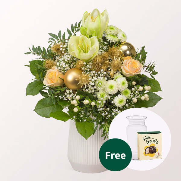 Flower Bouquet Goldschimmer with Halloren Balls & vase