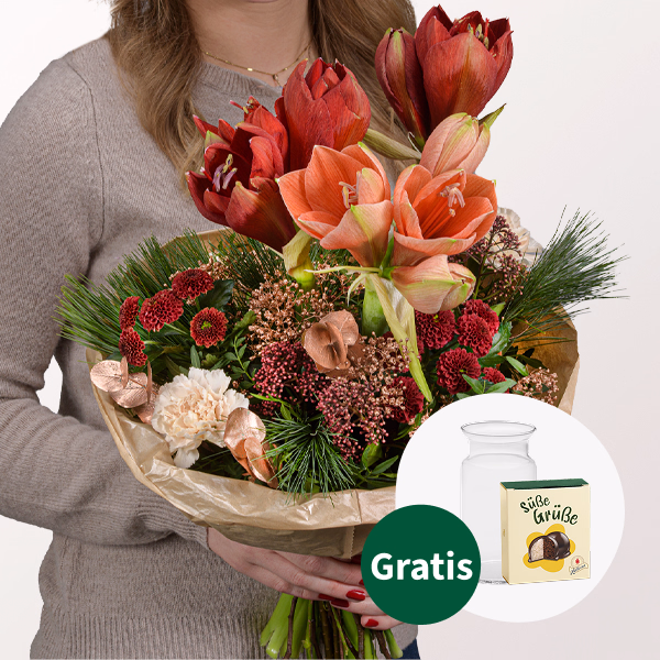 Blumenstrauß Winterfeuer mit Halloren Kugeln & Vase