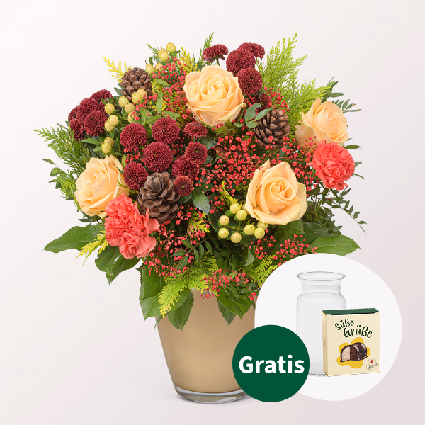 Blumenstrauß Weihnachtsherz mit Halloren Kugeln & Vase