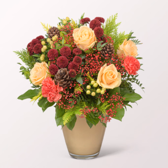 Blumenstrauß Weihnachtsherz mit Halloren Kugeln & Vase