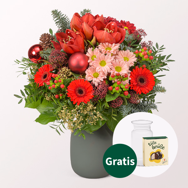 Blumenstrauß Kaminfeuer mit Halloren Kugeln & Vase