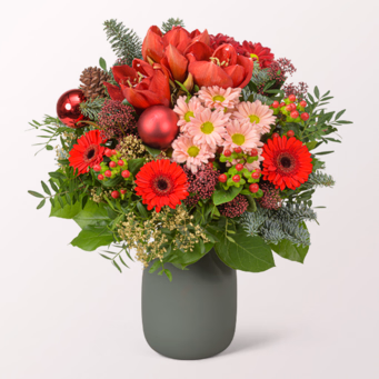 Blumenstrauß Kaminfeuer mit Halloren Kugeln & Vase