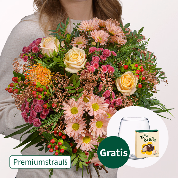 Premiumstrauß Wintersonne mit Premiumvase & Halloren Kugeln