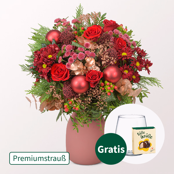 Premiumstrauß Weihnachtszeit mit Premiumvase & Halloren Kugeln