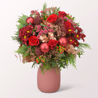 Premiumstrauß Weihnachtszeit mit Premiumvase & Halloren Kugeln