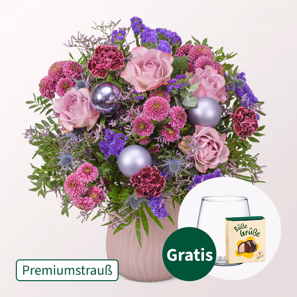 Premiumstrauß Weihnachtszauber mit Premiumvase & Halloren Kugeln