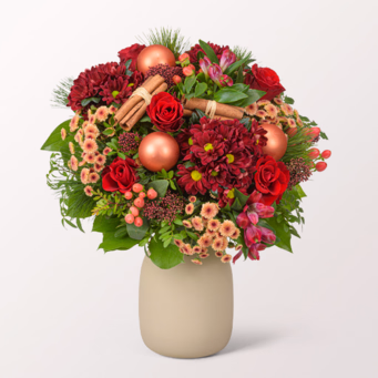 Premiumstrauß Weihnachtsglück mit Premiumvase & Halloren Kugeln