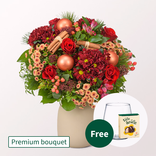 Premium Bouquet Weihnachtsglück with Premium Vase & Halloren Balls