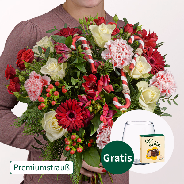 Premiumstrauß Weihnachten mit Premiumvase & Halloren Kugeln