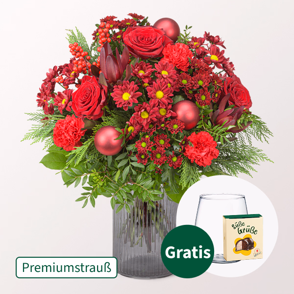 Premiumstrauß Weihnachtsüberraschung mit Premiumvase & Halloren Kugeln