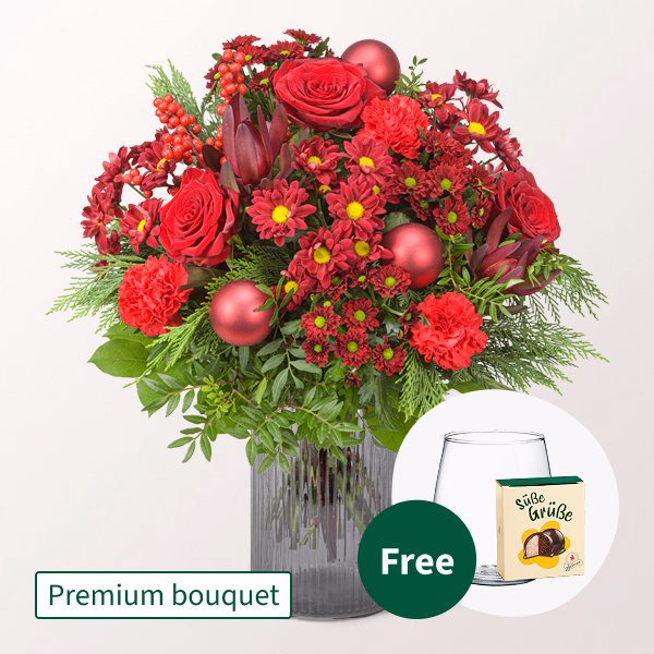Premium Bouquet Weihnachtsüberraschung with Premium Vase & Halloren Balls