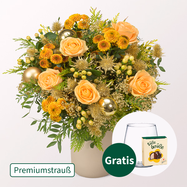 Premiumstrauß Goldglanz mit Premiumvase & Halloren Kugeln