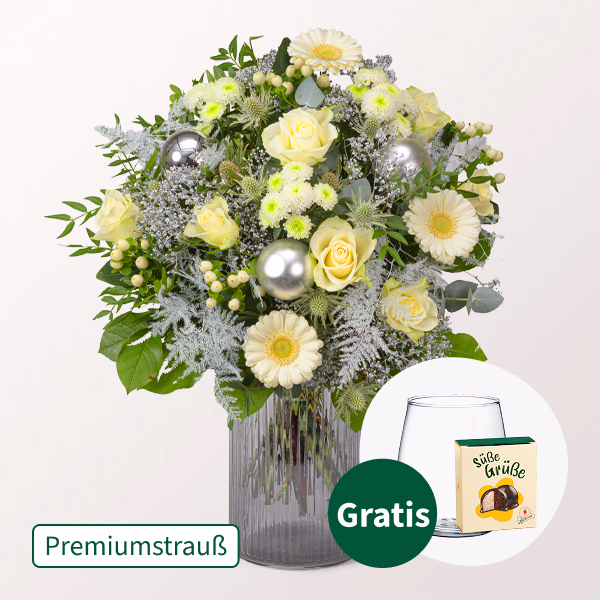 Premiumstrauß Schneeflocke mit Premiumvase & Halloren Kugeln