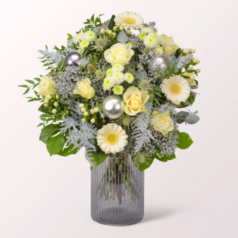 Premiumstrauß Schneeflocke mit Premiumvase & Halloren Kugeln
