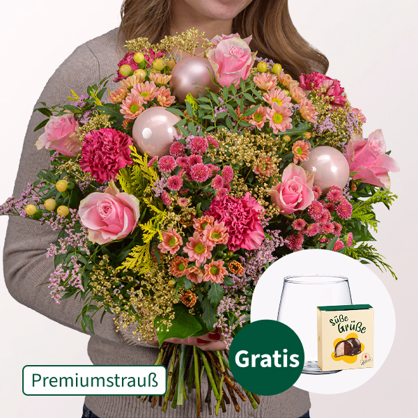 Premiumstrauß Feliz Navidad mit Premiumvase & Halloren Kugeln