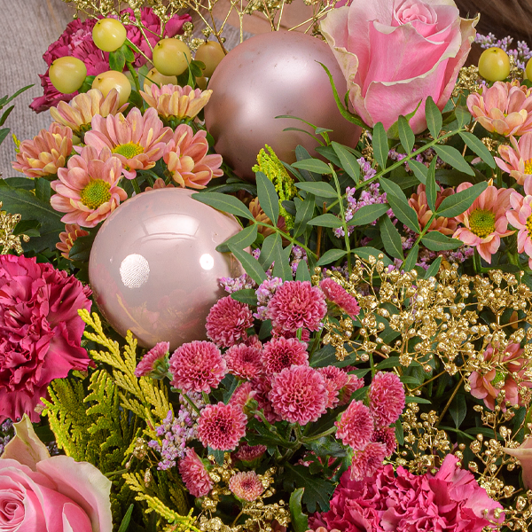 Premiumstrauß Feliz Navidad mit Premiumvase & Halloren Kugeln