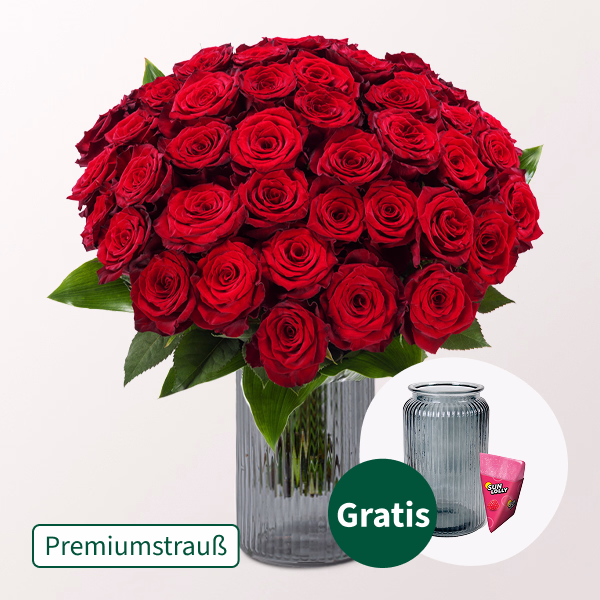 Premiumstrauß Paris mit Premiumvase & SunLolly Himbeere