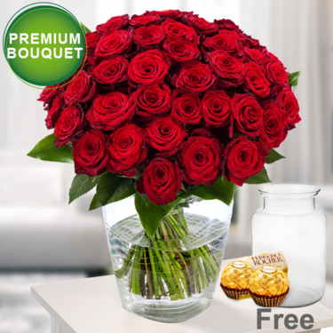 freshly tied Premium Bouquet Paris with premium vase & 2 Ferrero Rocher