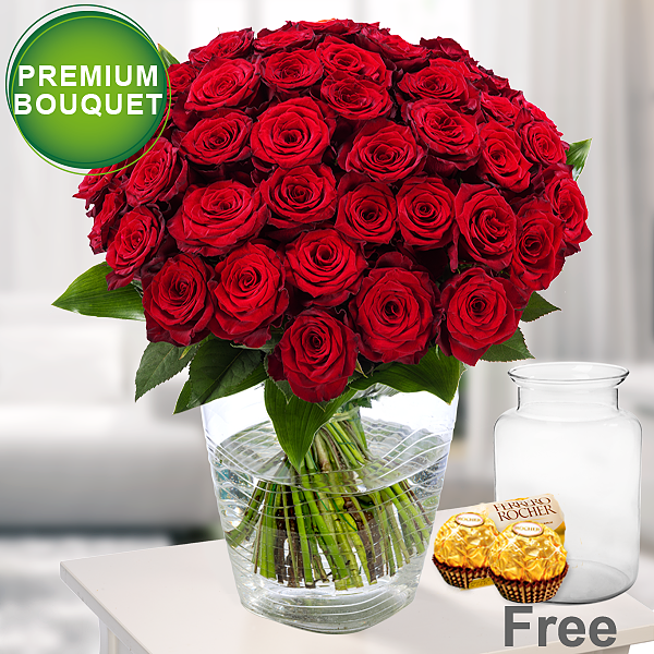 Premium Bouquet Paris with premium vase & 2 Ferrero Rocher