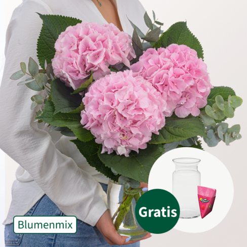 Rosa Hortensien mit Eukalyptus